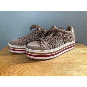 Stradivarius Women's Platform Sneakers Beige Mesh Lace-Up Casual Shoes Size 38